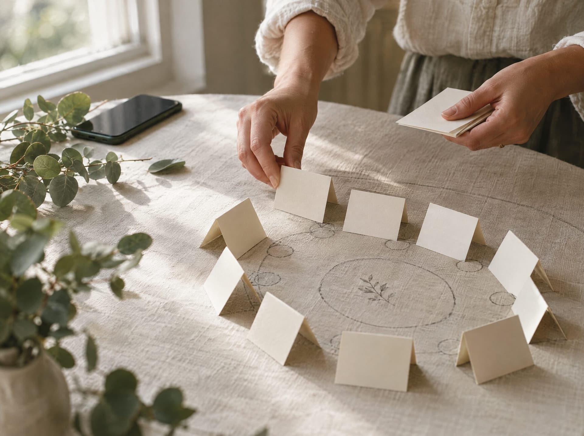 Hands arranging blank place cards in a ring around a hand-drawn round table layout