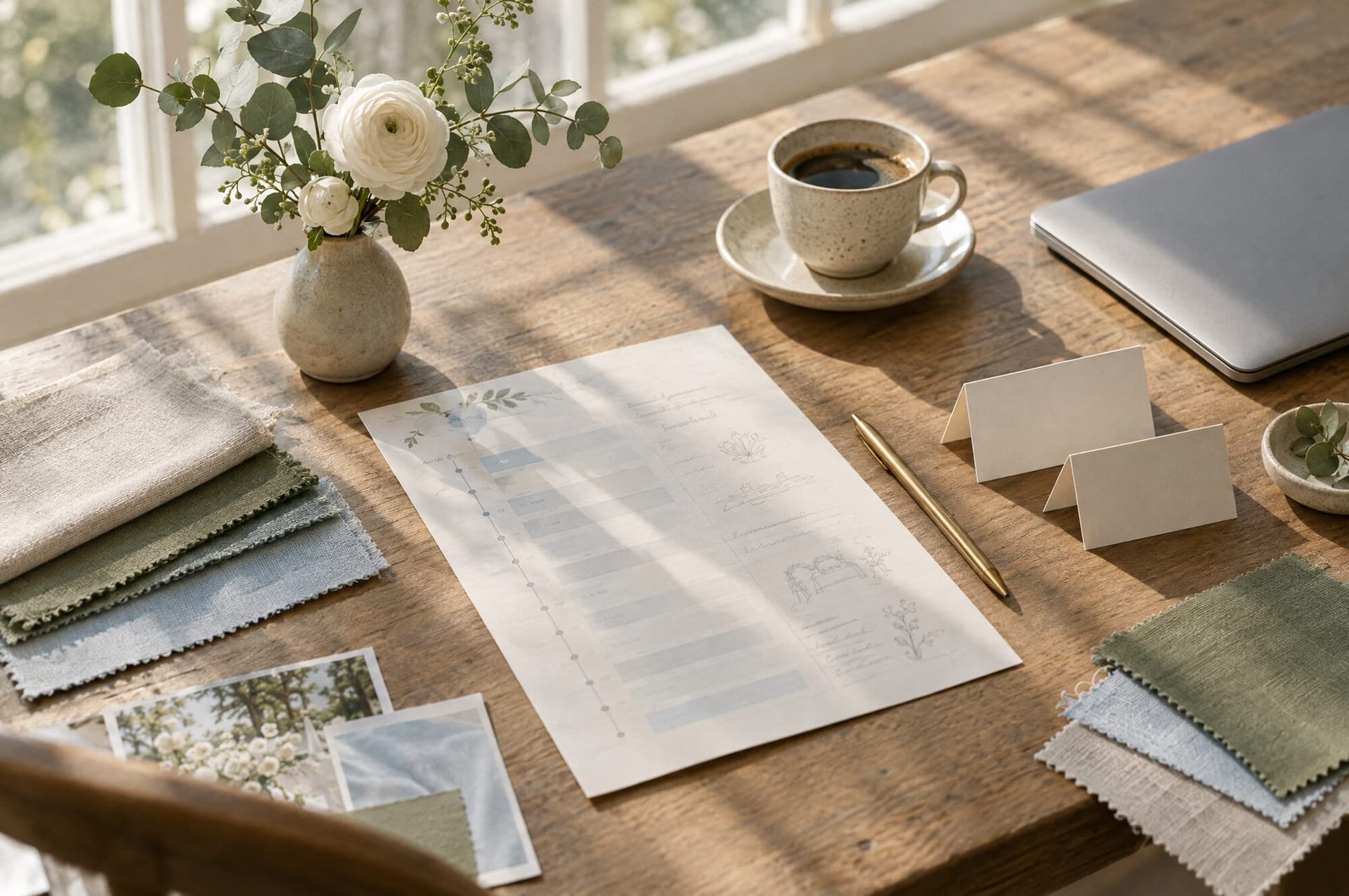 A planner's worktable by a sunny window with a printed timeline, fabric swatches and a cup of coffee