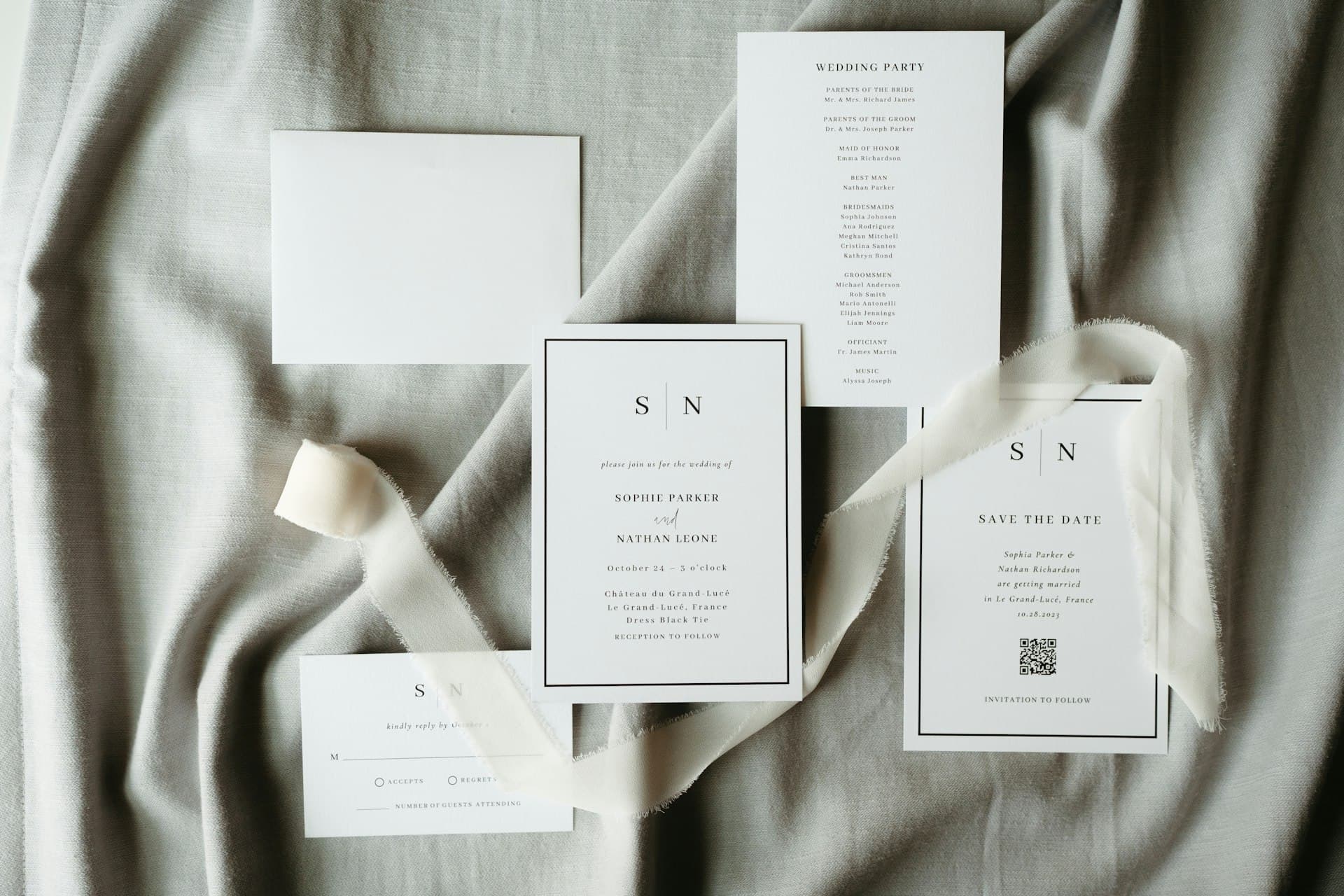 Stationery laid out on linen