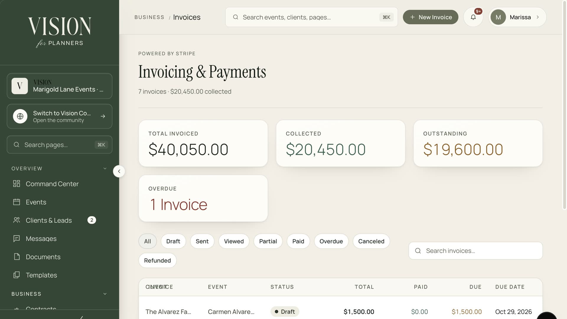 The Vision invoicing and payments page